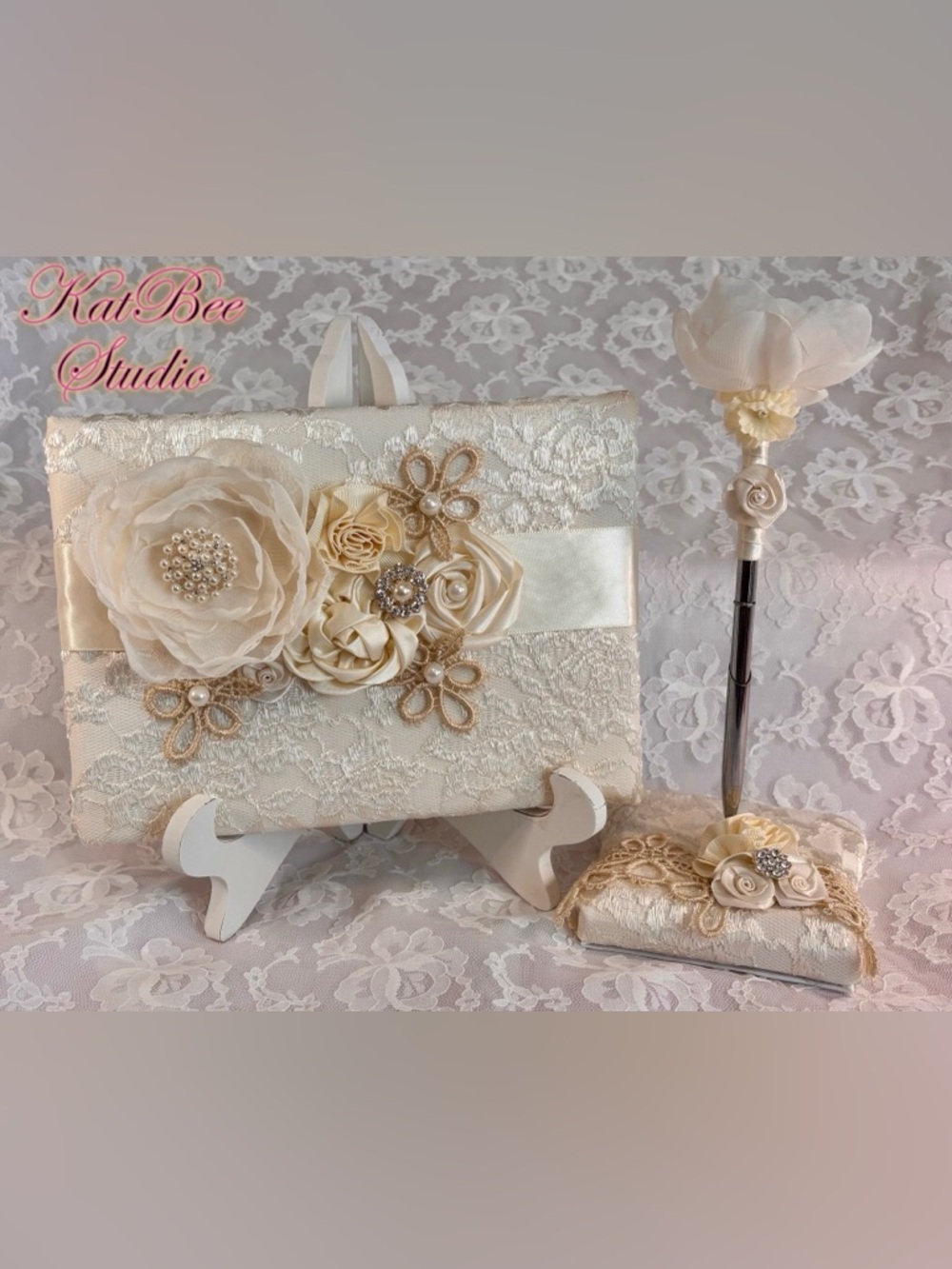 🌹 Handmade Ivory Lace Guest Book and Pen Set